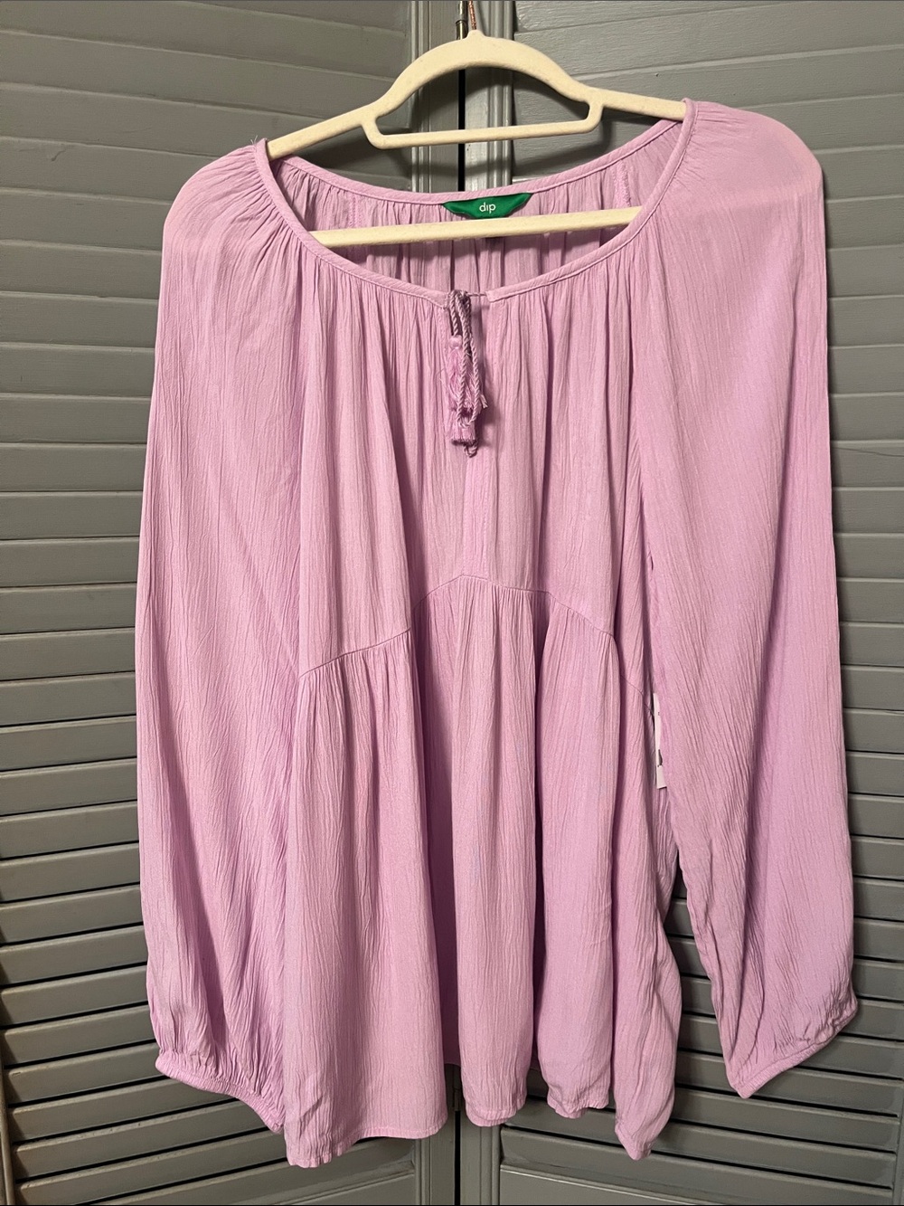 DIP Pale Lilac Lightweight Peasant Style Blouse, Tie Neckline, Long Sleeve, Sz L